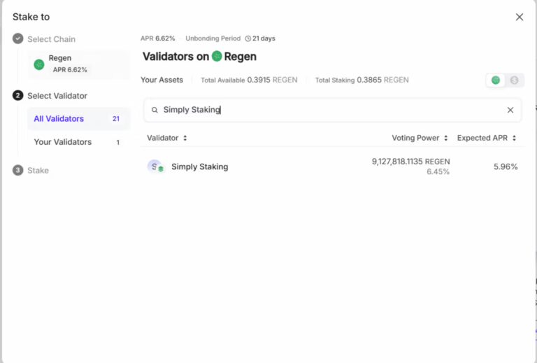 Regen Staking Guide: How to Stake Regen 8 Choose Simply Staking as Validator