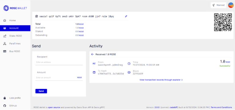 ROSE Wallet Dashboard